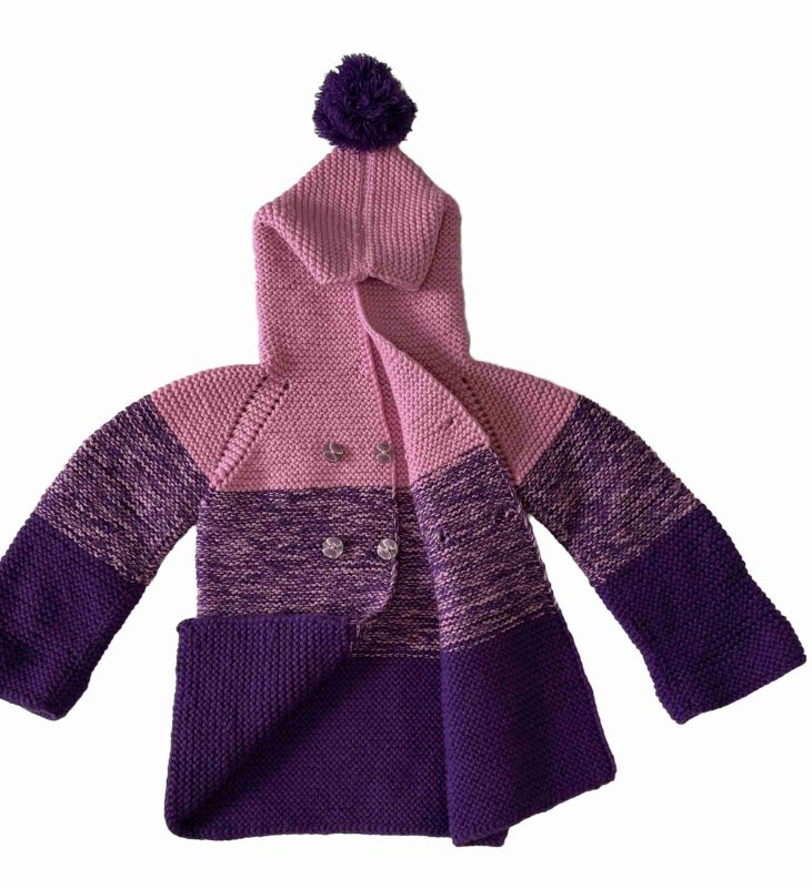 Hand Knitted Baby Bennie Hoodie - Pink & Purple Winter Sweater with 4 Buttons - SANIYE - Image 4
