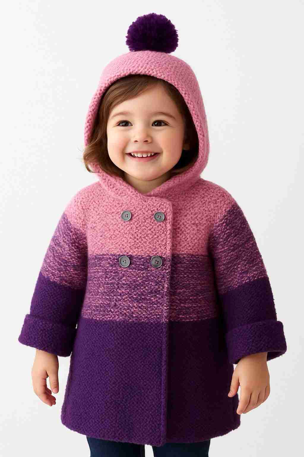 Hand Knitted Baby Bennie Hoodie - Pink & Purple Winter Sweater with 4 Buttons - SANIYE
