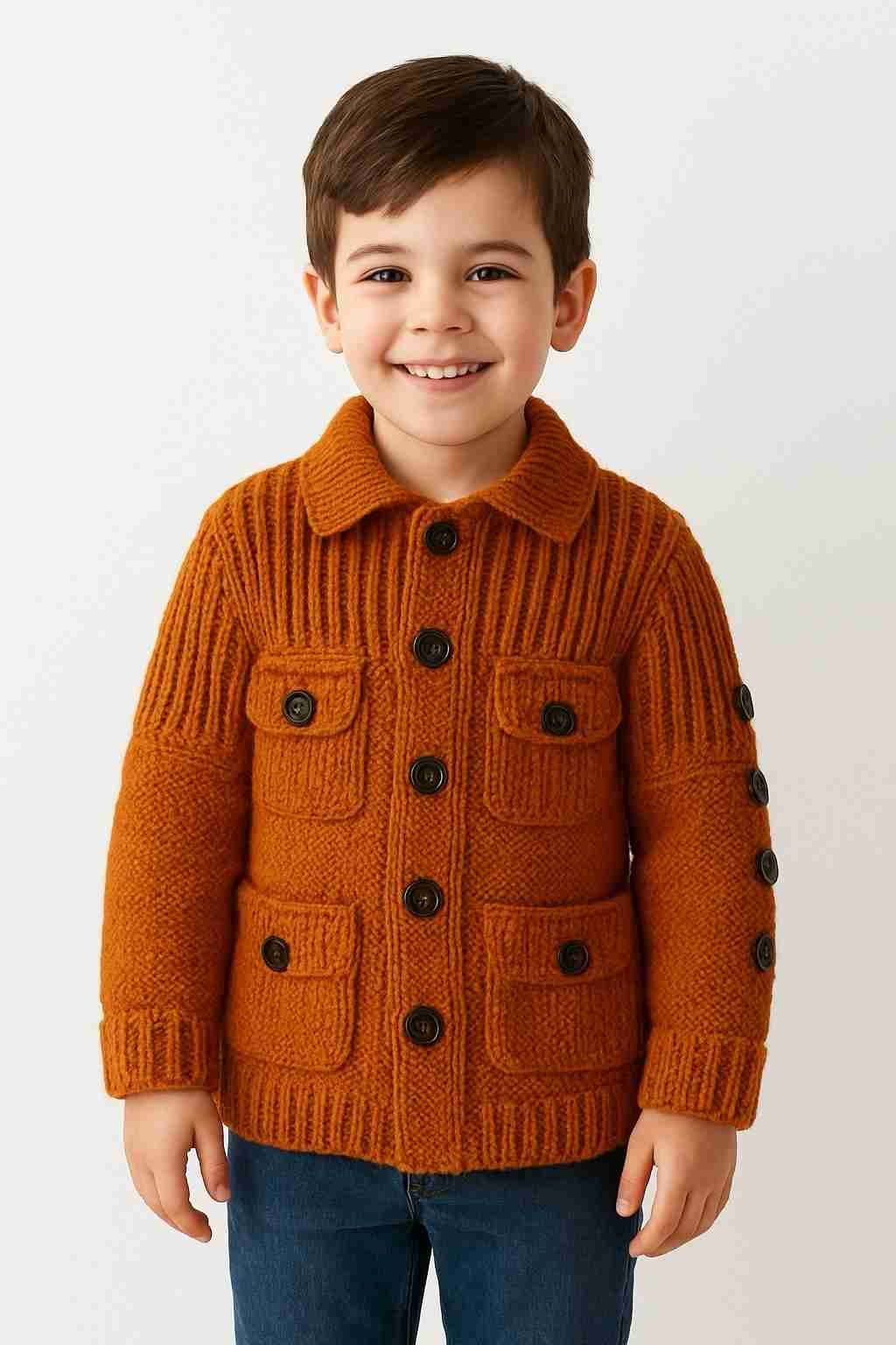 SANIYE Hand Knitted Baby Polo Collered Neckline Autumn Orange Black Button Up
