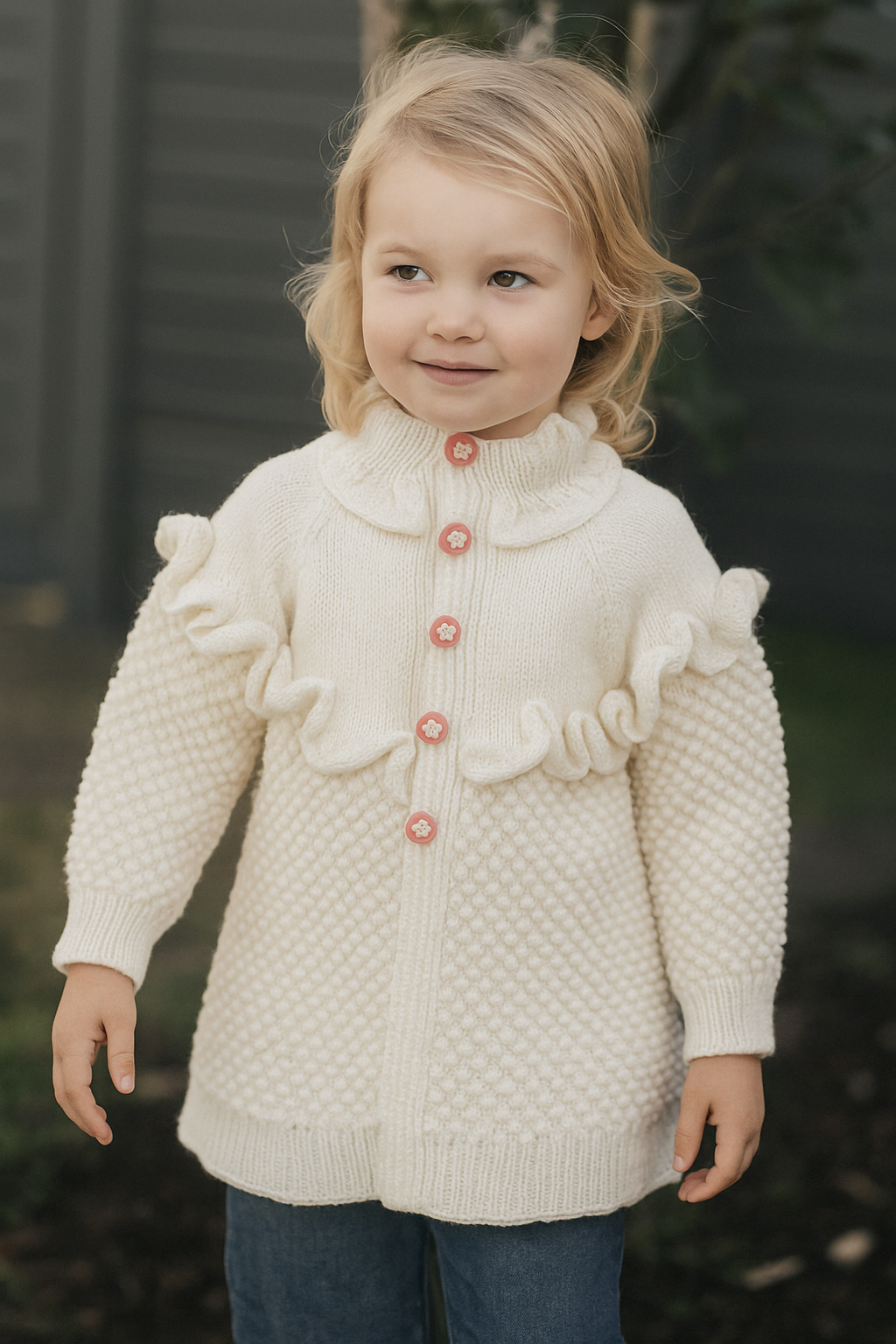 Hand Knitted Baby Turtleneck Spring Button Up - Pink Floral - SANIYE
