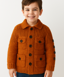 Saniye, Hand Knitted, Baby, Polo Collered Neckline Autumn Orange Black Button Up