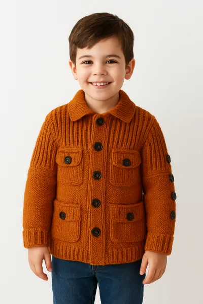 Saniye, Hand Knitted, Baby, Polo Collered Neckline Autumn Orange Black Button Up