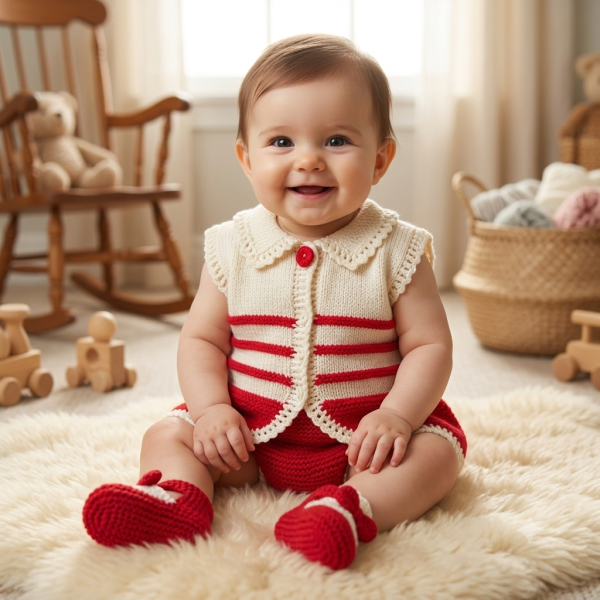 SANIYE Baby Girls Red & White Striped Knit Romper & Socks Set