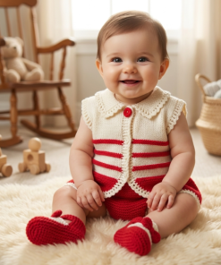 SANIYE Baby Girls Red & White Striped Knit Romper & Socks Set
