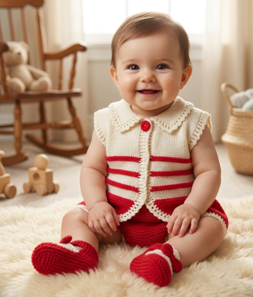 SANIYE Baby Girls Red & White Striped Knit Romper & Socks Set