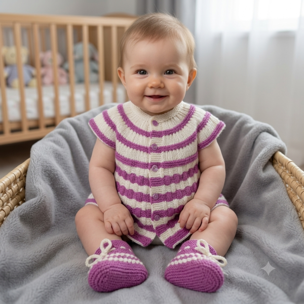 SANIYE Baby Girls Purple & White Striped Knit Romper & Socks Set