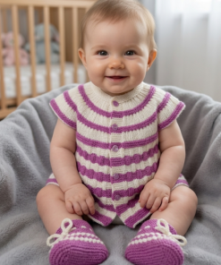 SANIYE Baby Girls Purple & White Striped Knit Romper & Socks Set