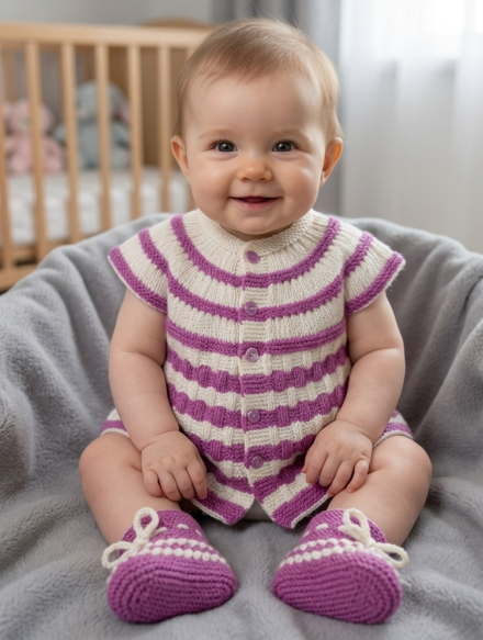 SANIYE Baby Girls Purple & White Striped Knit Romper & Socks Set