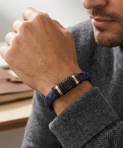 SANIYE Men's Navy Blue Braided Leather Bracelet with Black Plate