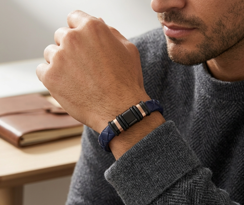 SANIYE Men's Navy Blue Braided Leather Bracelet with Black Plate