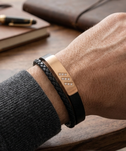 SANIYE Men's Black Braided Leather Bracelet with Rose Gold Diamond Plate