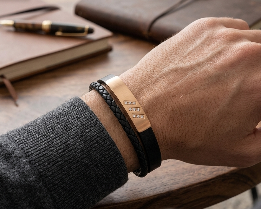 SANIYE Men's Black Braided Leather Bracelet with Rose Gold Diamond Plate