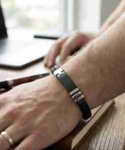 SANIYE Men's Black Braided Leather Bracelet with Black Plate & Silver Accents