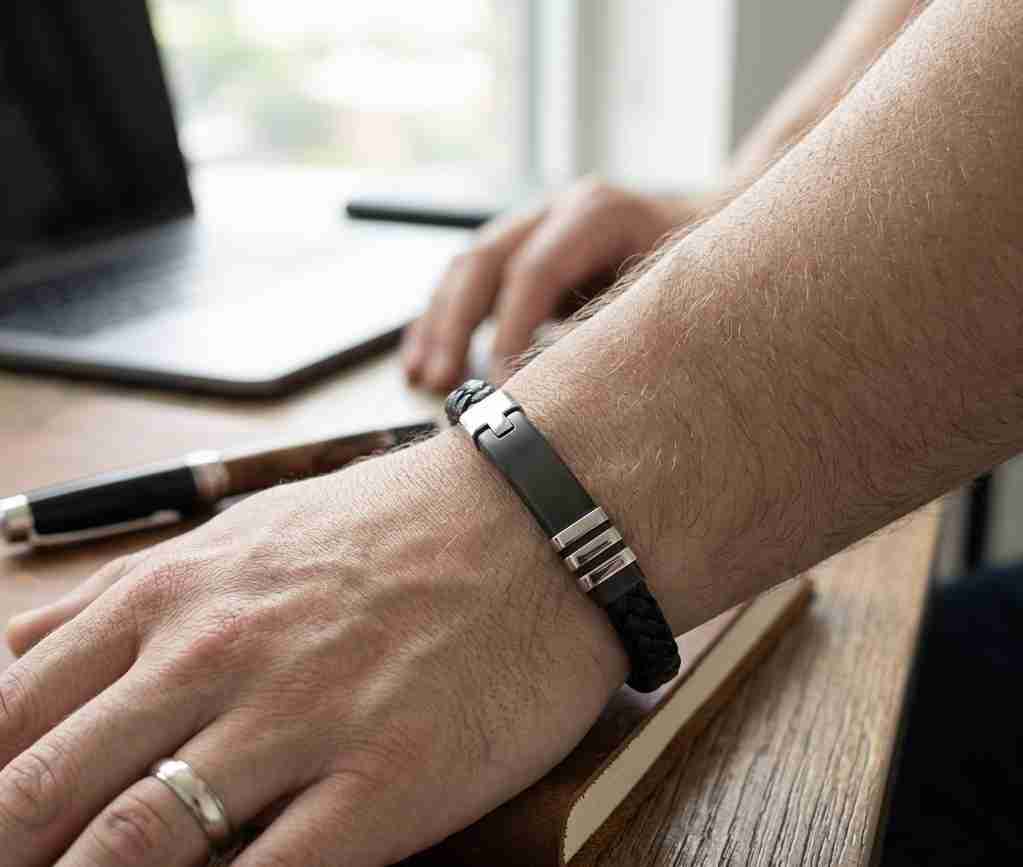 SANIYE Men's Black Braided Leather Bracelet with Black Plate & Silver Accents