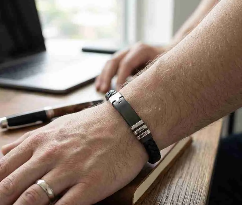 SANIYE Men's Black Braided Leather Bracelet with Black Plate & Silver Accents