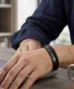 SANIYE Men's Double-Strand All-Black Leather Bracelet with Crystal Accents
