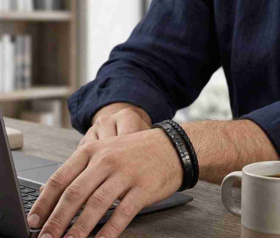 SANIYE Men's Double-Strand All-Black Leather Bracelet with Crystal Accents