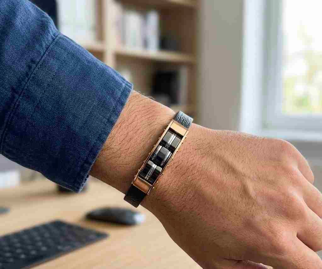 SANIYE Men's Black Flat Leather Bracelet with Rose Gold Frame & Barrel Beads