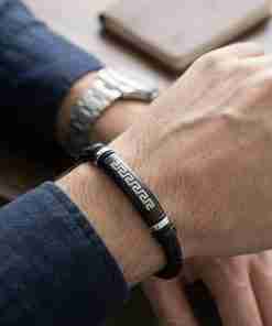 SANIYE Men's Black Braided Leather Bracelet with Greek Key Engraved Bar
