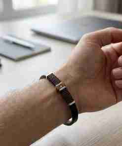 SANIYE Men's Slim Black Leather Bracelet with Brown Wrap & Rose Gold Crystal Bead