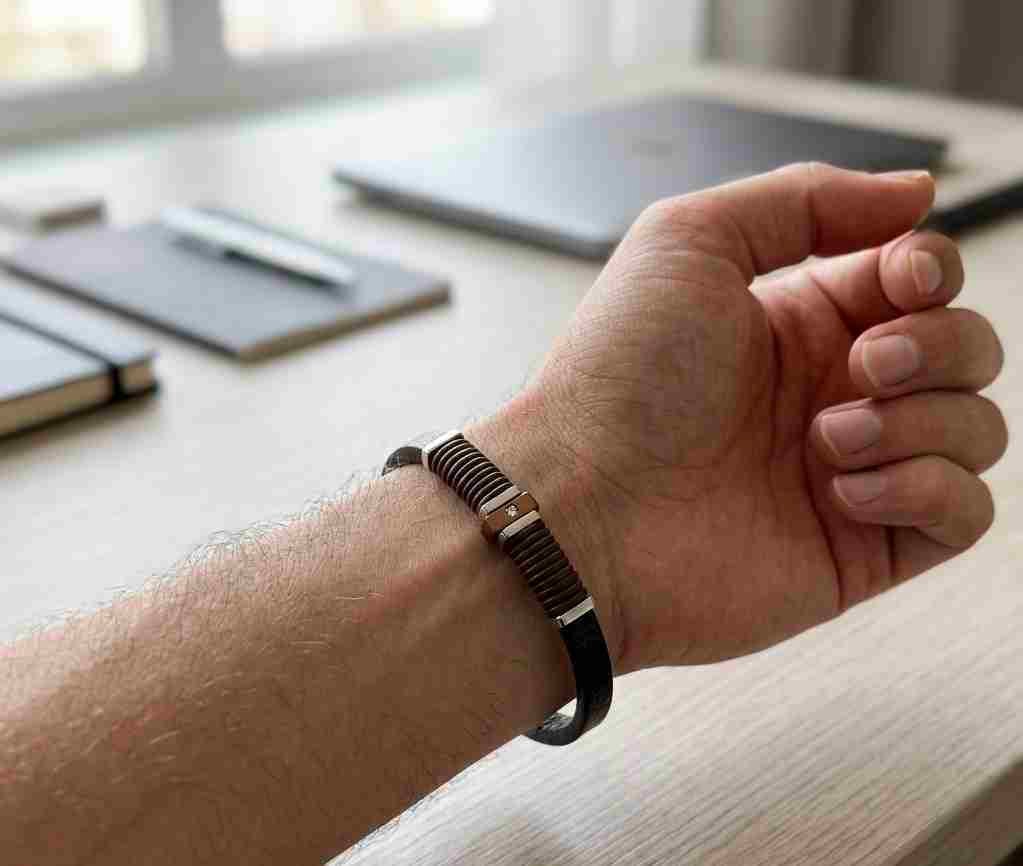 SANIYE Men's Slim Black Leather Bracelet with Brown Wrap & Rose Gold Crystal Bead