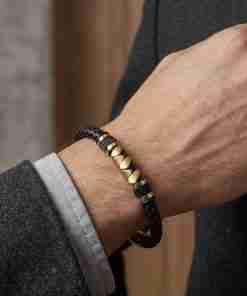 SANIYE Men's Dark Brown Braided Leather Bracelet with Gold Bead Accents