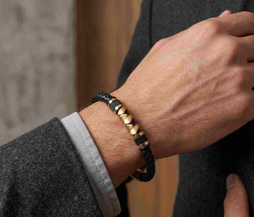 SANIYE Men's Dark Brown Braided Leather Bracelet with Gold Bead Accents