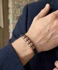 SANIYE Men's Black Braided Leather Bracelet with Rose Gold Cylinder Beads