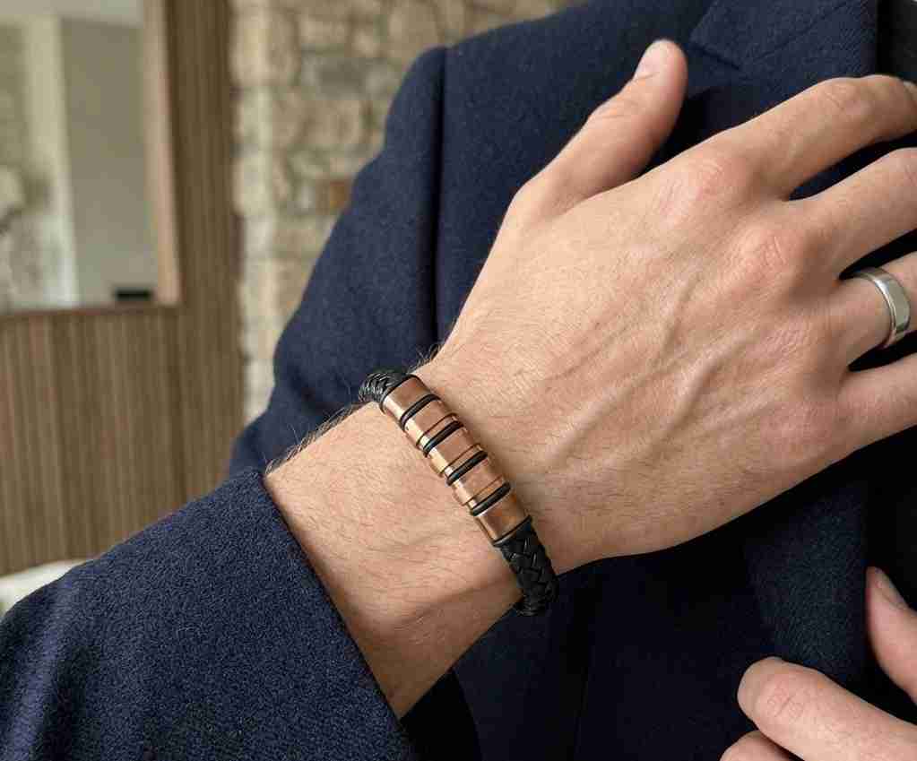 SANIYE Men's Black Braided Leather Bracelet with Rose Gold Cylinder Beads
