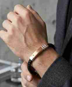 SANIYE Men's Black Braided Leather Bracelet with Rose Gold Bar & Silver Ridge Accents