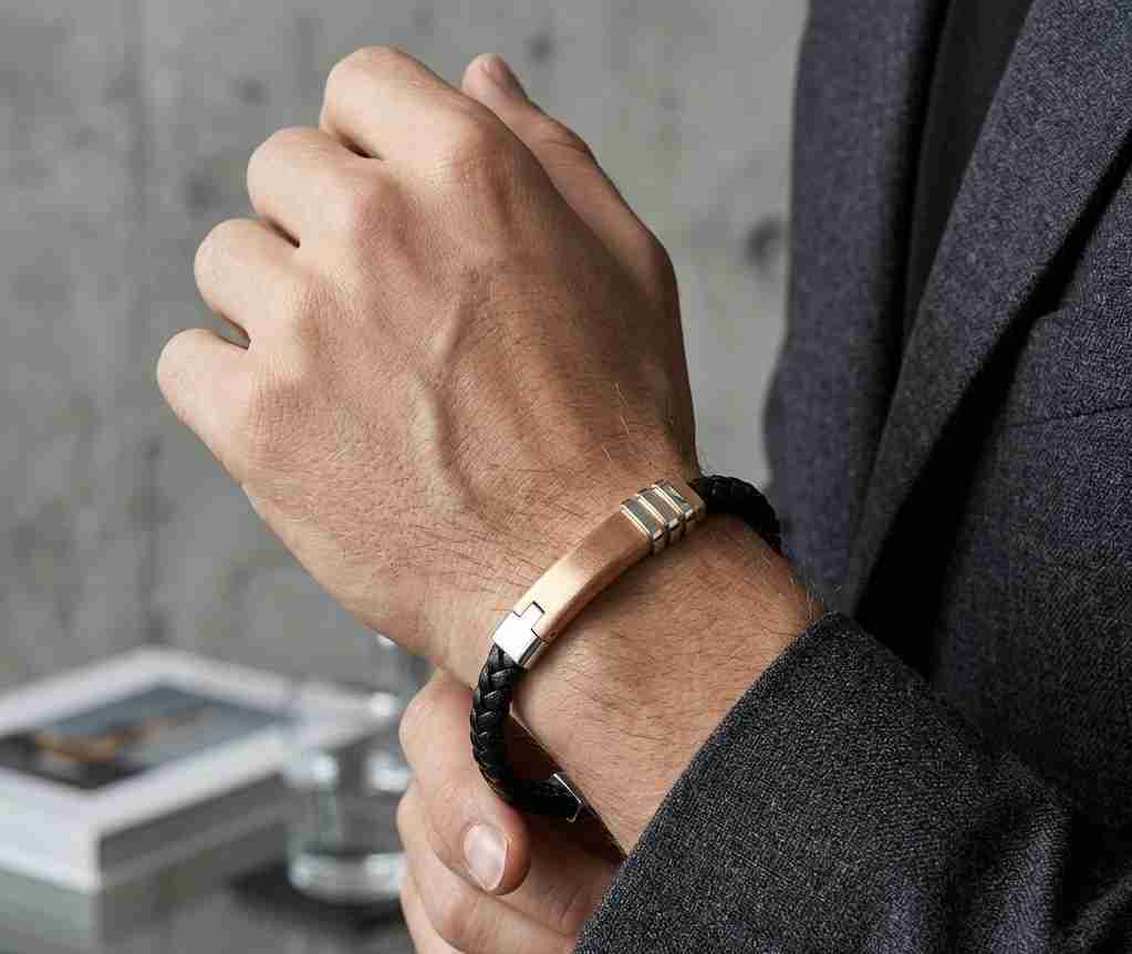 SANIYE Men's Black Braided Leather Bracelet with Rose Gold Bar & Silver Ridge Accents
