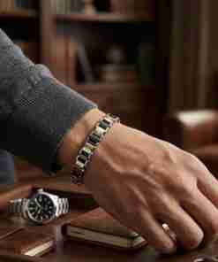 SANIYE Men's Silver Black Gold Tri-Color Stainless Steel Link Bracelet