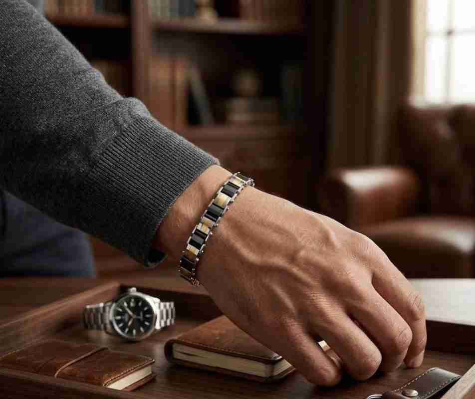 SANIYE Men's Silver Black Gold Tri-Color Stainless Steel Link Bracelet