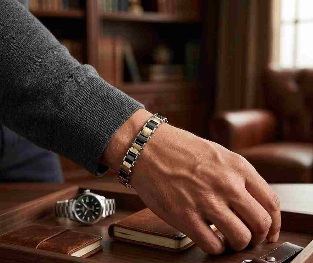 SANIYE Men's Silver Black Gold Tri-Color Stainless Steel Link Bracelet