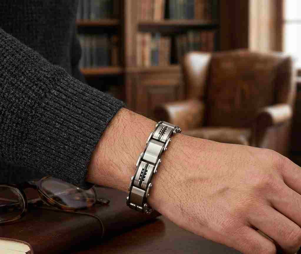 SANIYE Men's Heavy Duty Wide Stainless Steel & Rubber Link Bracelet