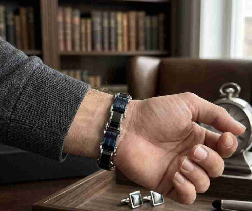 SANIYE Men's Silver Black Blue Stainless Steel Link Bracelet
