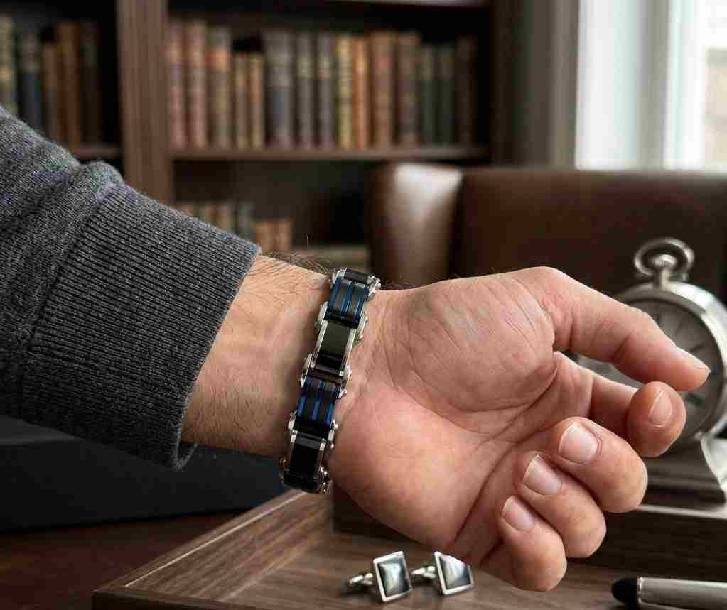 SANIYE Men's Silver Black Blue Stainless Steel Link Bracelet