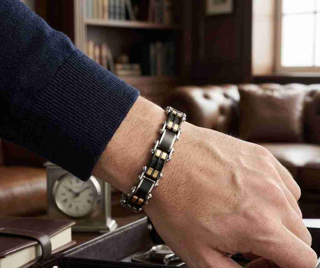 SANIYE Men's Black & Gold Stainless Steel Link Bracelet