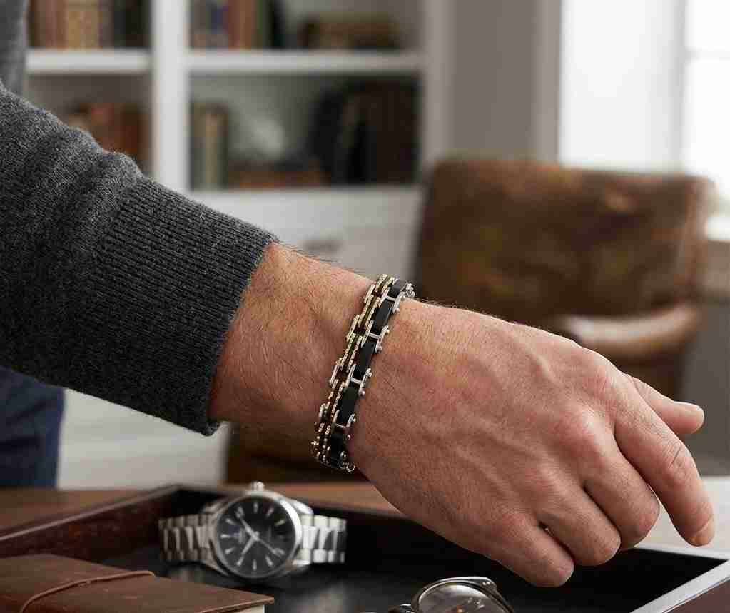 SANIYE Men's Tri-Tone Black Gold Silver Stainless Steel Chain Bracelet