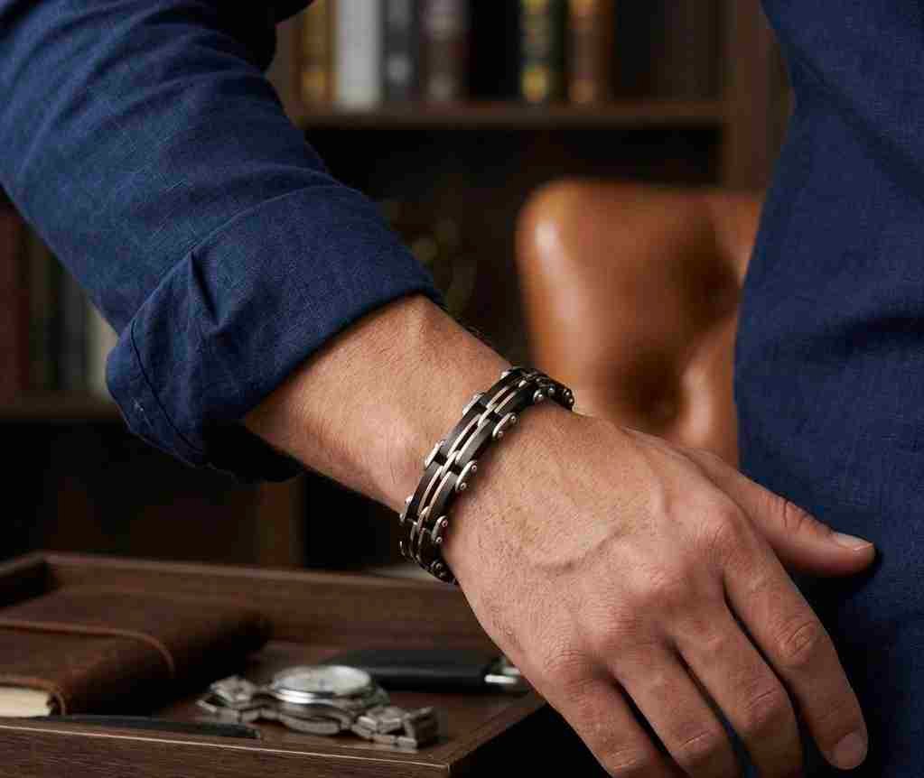 SANIYE Men's Black Rose Gold Stainless Steel Link Bracelet