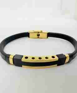 SANIYE Men's Black Leather Bracelet with Gold Punched ID Plate