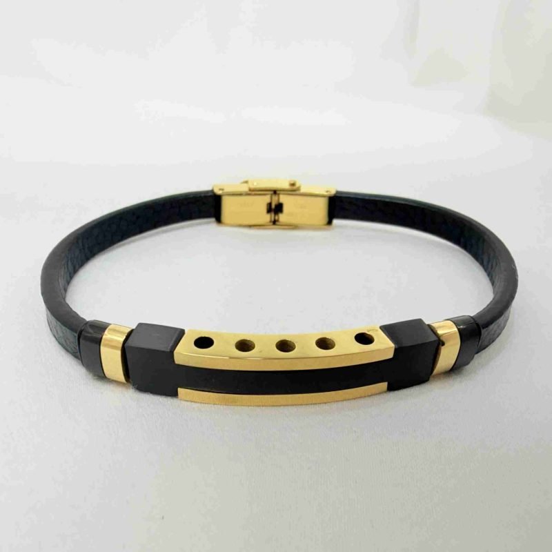 SANIYE Men's Black Leather Bracelet with Gold Punched ID Plate
