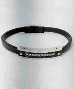 SANIYE Men's Black Leather Bracelet with Crystal Diamond ID Plate