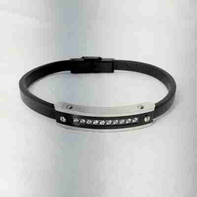 SANIYE Men's Black Leather Bracelet with Crystal Diamond ID Plate