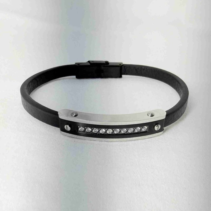 SANIYE Men's Black Leather Bracelet with Crystal Diamond ID Plate