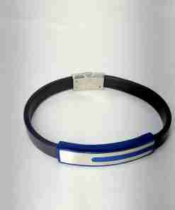 SANIYE Men's Black Leather Bracelet with Blue & Silver ID Plate
