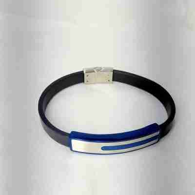 SANIYE Men's Black Leather Bracelet with Blue & Silver ID Plate