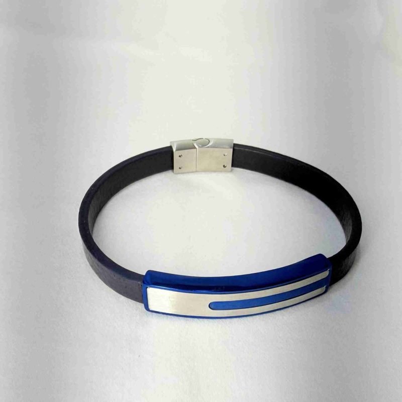 SANIYE Men's Black Leather Bracelet with Blue & Silver ID Plate