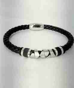 SANIYE Men's Black Braided Leather Bracelet with Silver X & Barrel Beads
