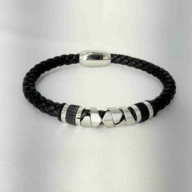 SANIYE Men's Black Braided Leather Bracelet with Silver X & Barrel Beads